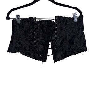 Frederick's Of Hollywood 2000’s Y2K Black Floral Lace Up Corset Bustier Top Sz L